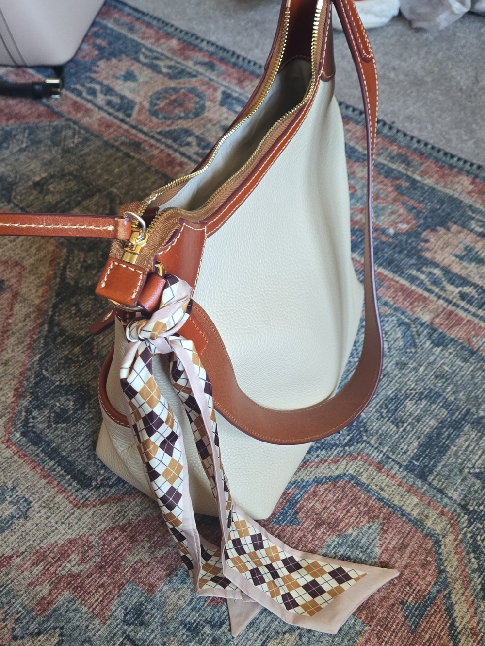 Dooney & Bourke Cream Pebble Leather Shoulder Bag with Brown Trim - Picture 3 of 7